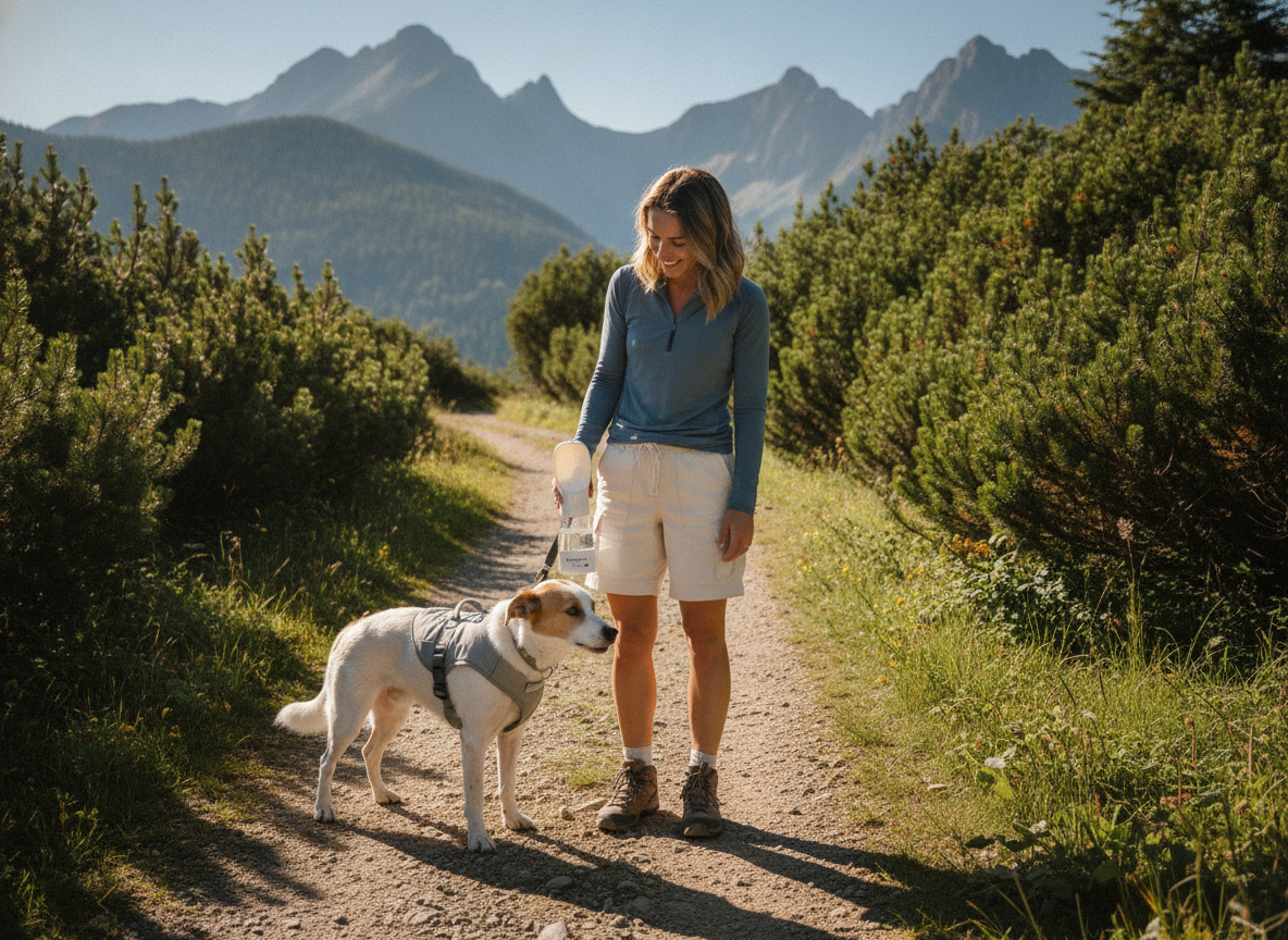 A Polish woman offers water to her dog from a light grey 2-in-1 portable pet feeder on a sunny mountain trail. The dog wears 