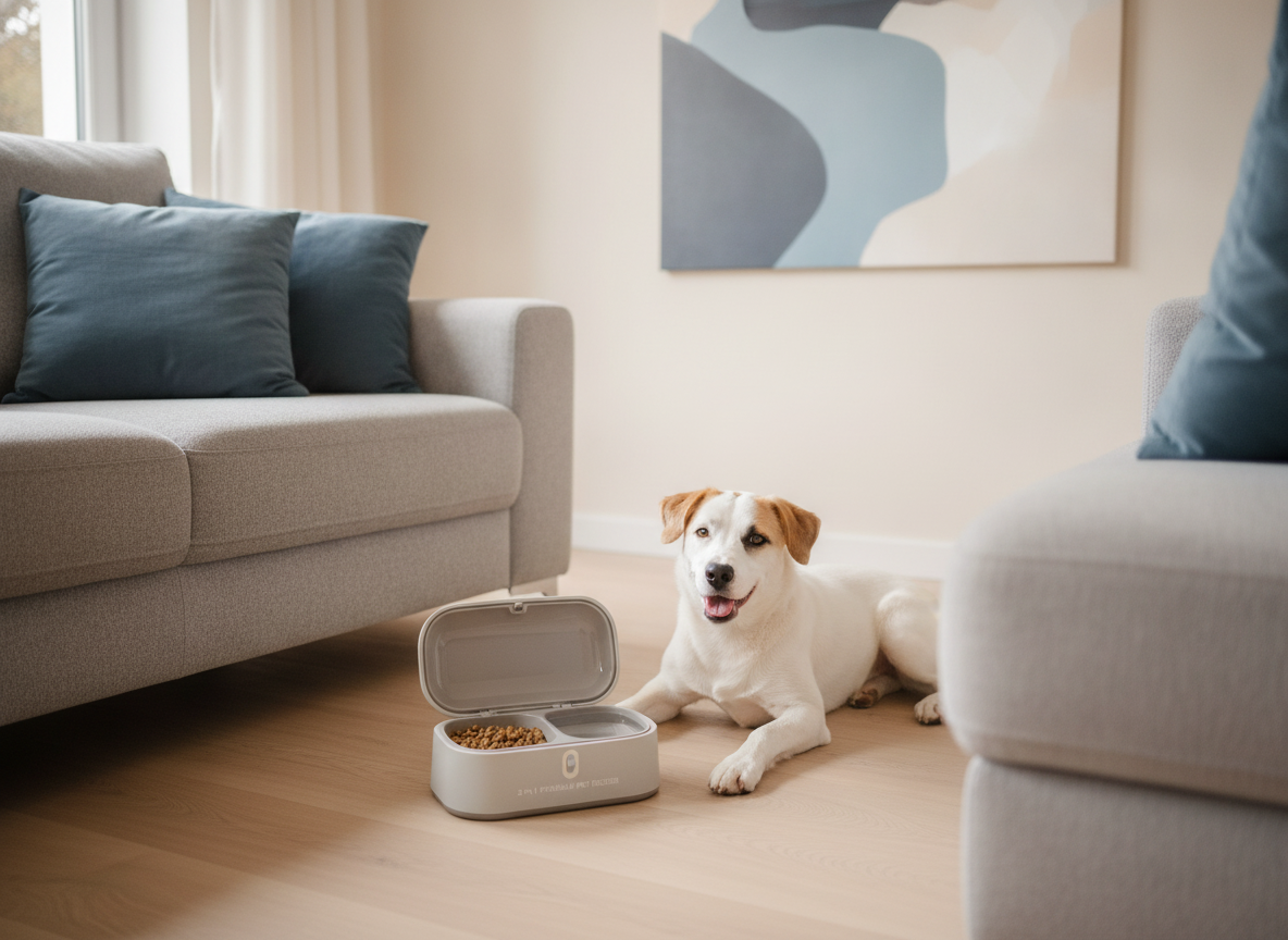 Light grey portable pet feeder open with food and water for a dog in a modern living room, soft natural light.