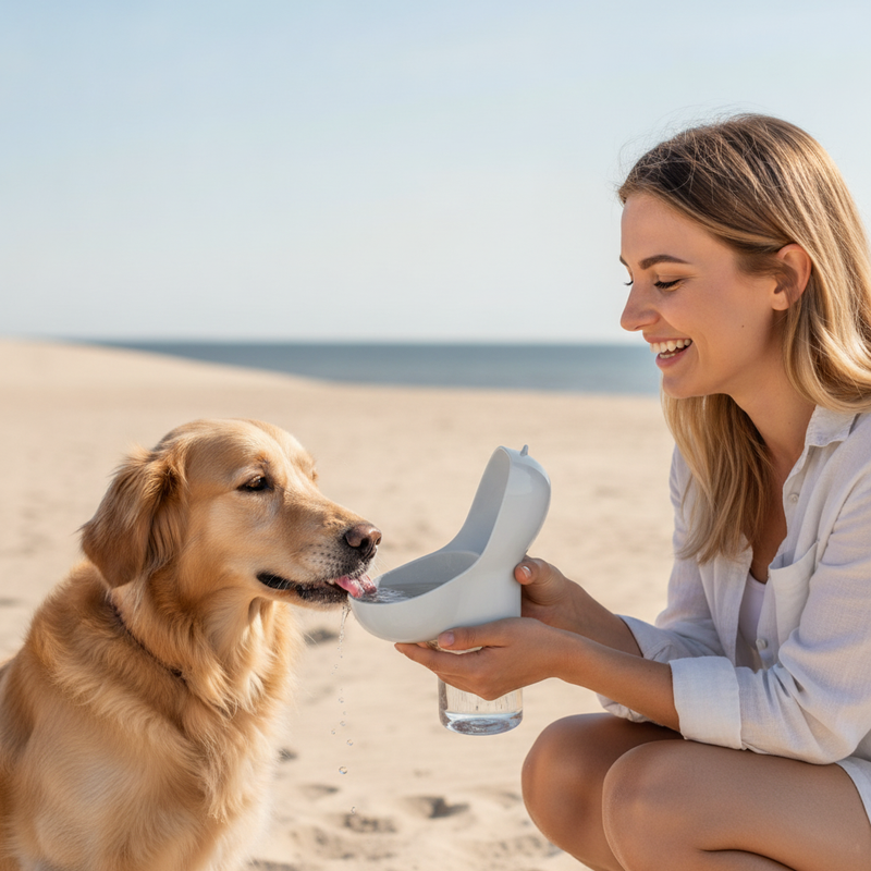 A Polish woman on a sunny Gdynia beach offers water to her golden retriever mix from a light grey 2-in-1 portable pet feeder.
