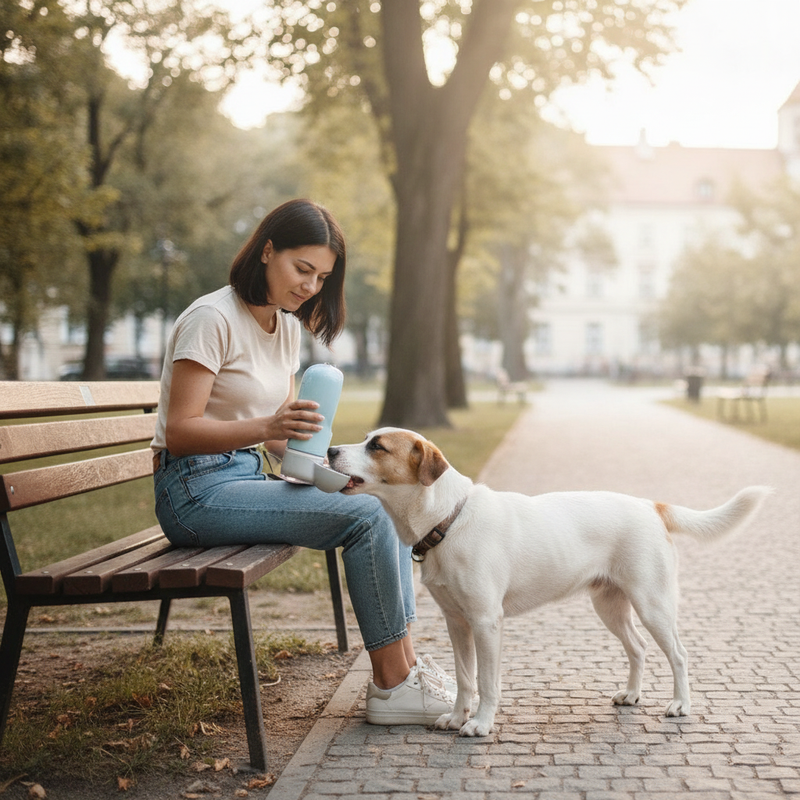A woman in a Wrocław park offers water to her dog from a light grey 2-in-1 portable pet feeder. The dog drinks happily.