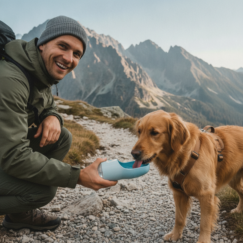 A Polish man gives water to his golden retriever from a light grey portable pet feeder during a hike in the Tatra Mountains.